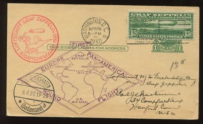 C13 Graf Zeppelin on APRIL 19 1930 First Day Uprated Card to Hartford CT LV9241 - Image 1 of 2