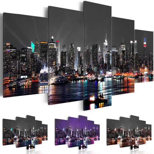 New York Vlies Leinwandbild 5 tlg Wandbilder XXL City Stadt NYC Nacht Wand Bild