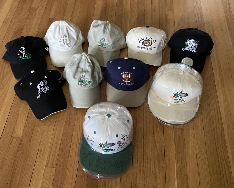 Jim Kelly Fundraiser  & HOF Hat Collection of 10 w/Signatures - Buffalo Bills - Image 1 of 4