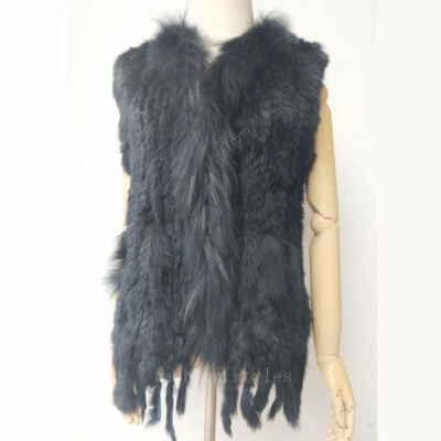 Fashion Lady Real Rabbit Classic Knitted Fur Vest Raccoon Collar Gilet Womens - Image 1 of 4