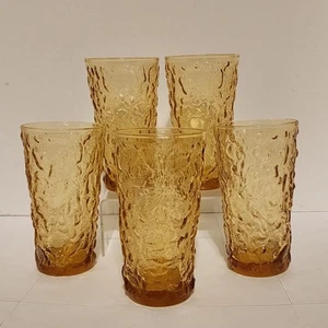 5 Vintage Anchor Hocking Lido Milano Amber Gold Tumbler Crinkle Glasses 5.5 Inch - Picture 1 of 14