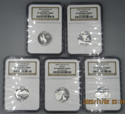 2007 S - 5 coin State Quarter set Silver NGC PF 70 UCAM - ID, MT, UT, WA and WY - Image 1 of 4