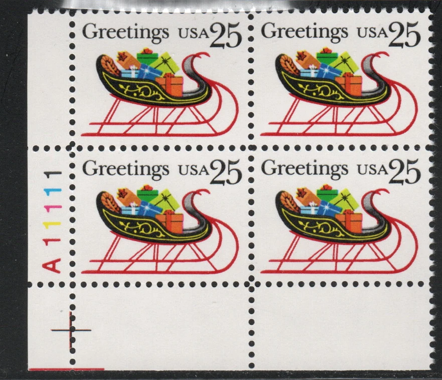 ALLY'S STAMPS US Plate Block Scott #2428 25c Christmas Sleigh - MNH - F/VF [STK] - Image 1 of 1
