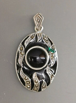 9916087 925er Argento Markasit-Anhänger Nero Smaltato Onice 2x4cm - Immagine 1 di 2