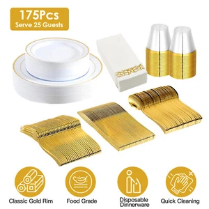 175Pcs Disposable Gold Plastic Plates Cups Spoon Knife Napkins Dinnerware Party - Picture 1 of 13