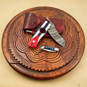 Handmade Damascus Cigar Cutter Knife With Cuban Flag Resin Handle ,Folding Knife - Picture 1 of 10