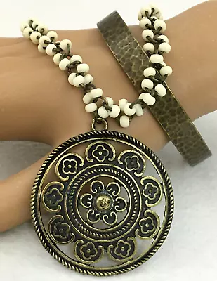 Cookie Lee Brass Pendant Acrylic Bead Necklace And Brass Bangle Bracelet Vintage - Image 1 of 4