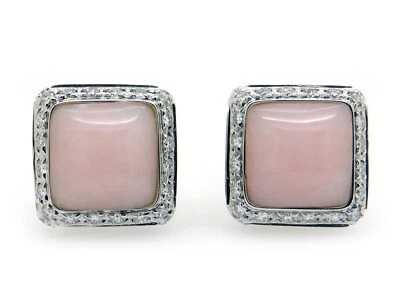 MCM 18k White Gold Cushion Rose Quartz Diamond Stud Earrings Natural  - Image 1 of 4