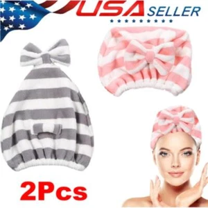 2PCS Rapid Fast Drying Hair Absorbent Towel Turban Wrap Soft Shower Bath Cap Hat - Picture 1 of 7