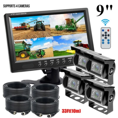 9" Quad Split Screen Monitor 4x Backup Rear View CCD Camera System For Truck RV - Image 1 of 4