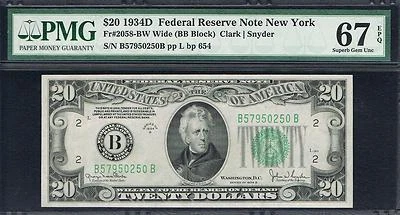 $20 1934D New York FRN. Fr. 2058-BW. SUPER GEM GRADE. PMG 67 EPQ - Image 1 of 3