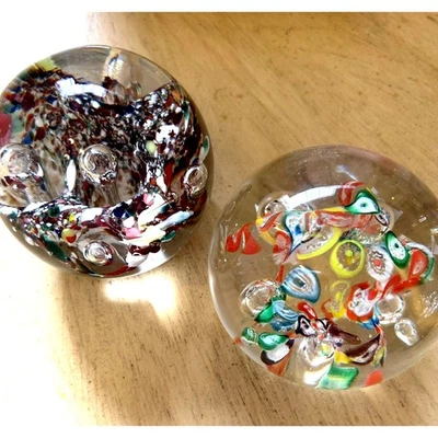 2 Murano Paperweights Bubbles Art Deco Multi Color Floral Glass Vintage - Image 1 of 4