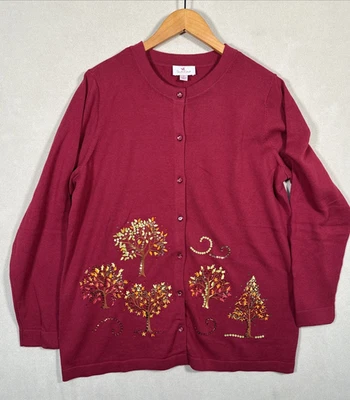 Quacker Factory Women L Red Sequined Trees Button Cardigan Sweater Dressy Mature - Image 1 of 4