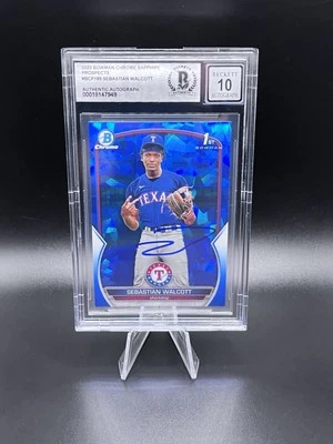 Sebastian Walcott Signed 2023 1st Bowman Chrome Sapphire BAS 10 Texas Rangers - Image 1 of 2