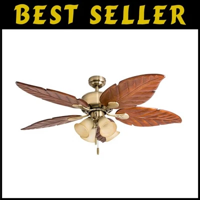 Stylish Aged Brass Ceiling Fan with Hand Carved Blades - Image 1 of 4