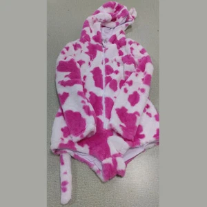 Pink White Cow Pattern V Neck Hooded Short Dress Homewear - Picture 1 of 1
