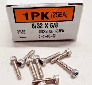 New 6/32 x 5/8" Socket Cap Screw, Fully Threaded, 316 Stainless Steel (25ea) - Picture 1 of 3