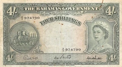 Bahamas  4/-  ND. 1953   P 13c  Series  A/4  Que. II  Circulated Banknote PMG6 - Image 1 of 2