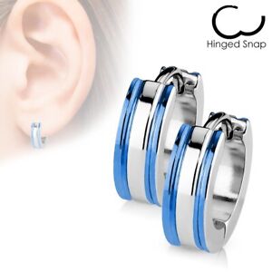316L Surgical Stainless Steel Blue Striped Hoop Earrings (Men or Women)