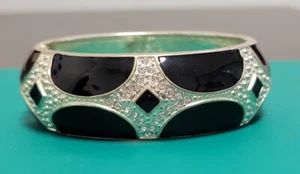 Vintage Black Enamel  SilverTone  Rhinestone Clamper Bangle Bracelet Bling - Picture 1 of 7