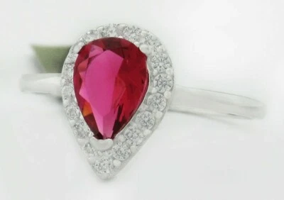 CREATED RUBY 0.75 Cts  & WHITE SAPPHIRE RING .925 Sterling Silver - Made in USA - Image 1 of 4