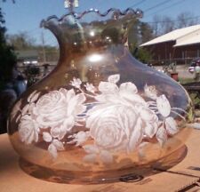 Vintage Amber Hurricane Glass Lamp Shade With White Frost Rose Design