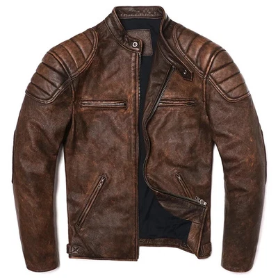 Herren Motorrad Biker Vintage Cafe Racer Distressed Brown Jacke Echtes Leder - Bild 1 von 4