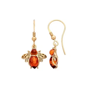9ct Yellow Gold on Sterling Silver Natural Baltic Amber Bee Hook Earrings - Picture 1 of 6
