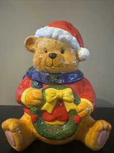 Gibson Christmas Merry Beary Cookie Jar 8" Bear with Santa Hat and Wreath - Picture 1 of 8