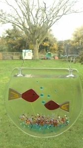 fish in a bowl made in fused glass for hanging yellow, red or your choice MTO - Picture 1 of 22