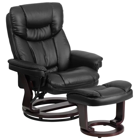LeatherSoft Swivel Recliner and Ottoman - Black/Mahogany Wood  MSRP $523.70 Cover