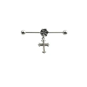 Stainless Steel Industrial Barbell Cross Ear Cartilage Helix-Conch Body Piercing - Picture 1 of 2