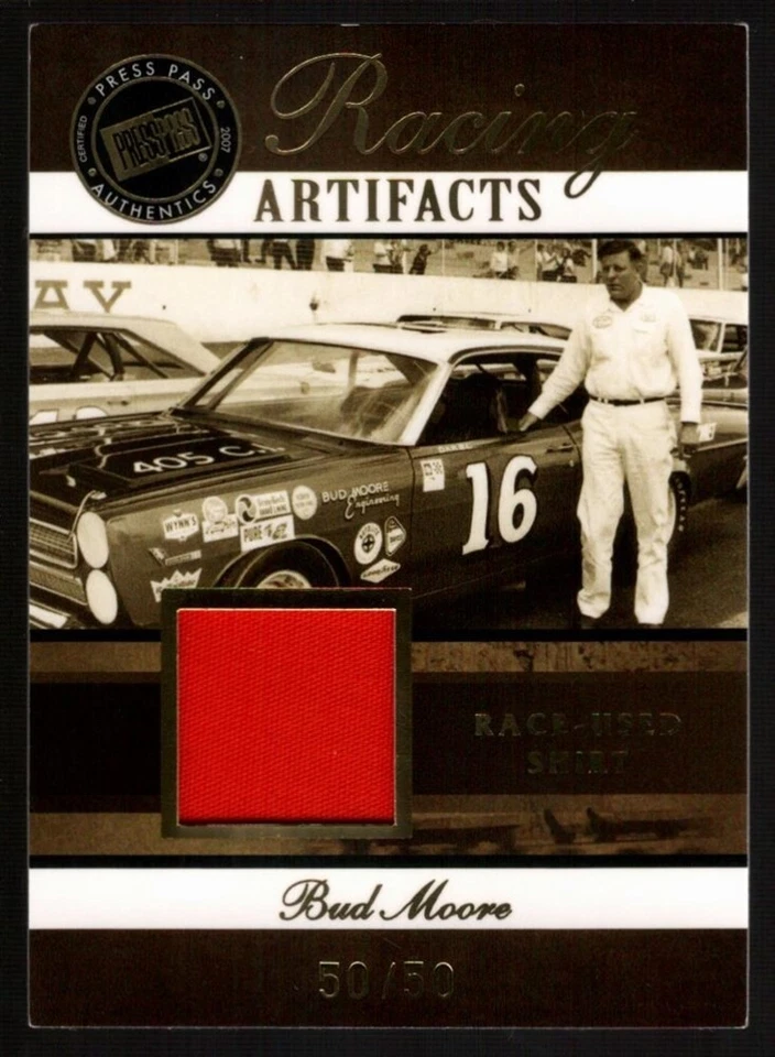 BUD MOORE 50/50 RACE USED SHIRT PATCH SP 2007 PRESS PASS RACING ARTIFACTS - Image 1 of 1