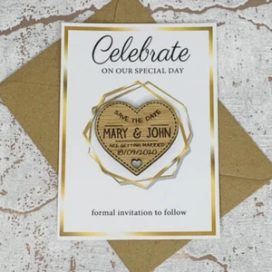Personalised Rustic Wooden Wedding Save The Date Heart Fridge Magnet Card Invite - Picture 1 of 2