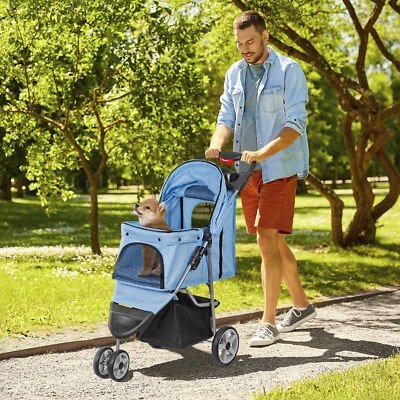 3-Wheel Pet Stroller Foldable Dog Cat Stroller Cart Stroller w/Cup Holder Blue - Image 1 of 4