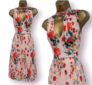 Karen Millen Pink Peach Orange Floral Tie Pleated Occasion Summer Dress UK 10 - Picture 1 of 18