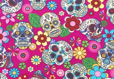 Skull Fabric Pink Day of the Dead Halloween Craft Fabric Material Metre - Image 1 of 3