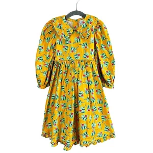 Mousefeathers Mustard Yellow Floral Prairie Ruffle Dress 5 5T Peter Pan Collar - Picture 1 of 8