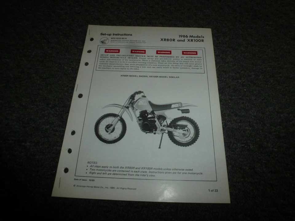 1986 Honda XR80R XR100R Dirt Bike Motorcycle Set-Up Instructions Owner Manual xz Foto 1 de 1