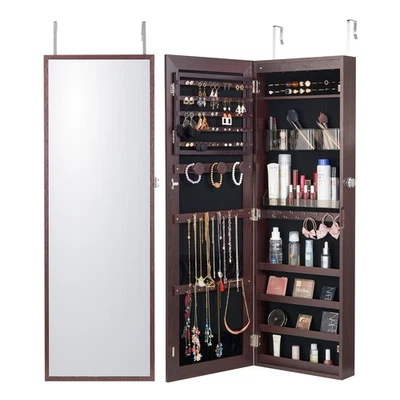 Mirror Jewelry Cabinet 42.52in Lockable Wall or Door Mounted Armoire Brown - Image 1 of 4