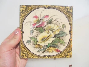 Antique Ceramic Tile Old Flowers Victorian Vintage Art Nouveau Floral Flowers - Picture 1 of 20