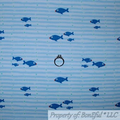 BonEful FABRIC FQ 棉被子蓝色白色条纹海鱼男孩海洋泡泡印花 — 第 1/4 张图片