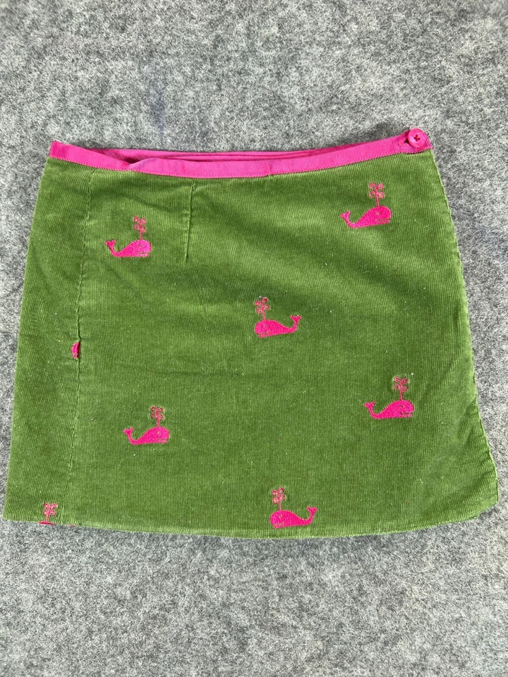 Lilly Pulitzer Wrap Skirt Girls 4 Green Corduroy Pink Whales 1 - Image 1 of 4