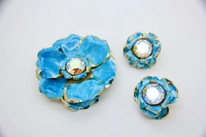 Vintage Blue Enamel Flower AB Rhinestone Clip On Brooch Earrings Sets Coro - Picture 1 of 7