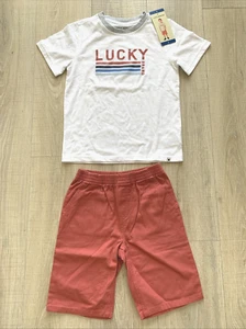 4 pc Lucky Brand Boys Tshirt Shirt Shorts Set Summer Outfit White/Red Blue Sz 7 - Picture 1 of 13