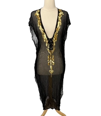 Manish Vaid 连衣裙遮盖 M 码黑色金色装饰度假村海滩池畔 — 第 1/4 张图片