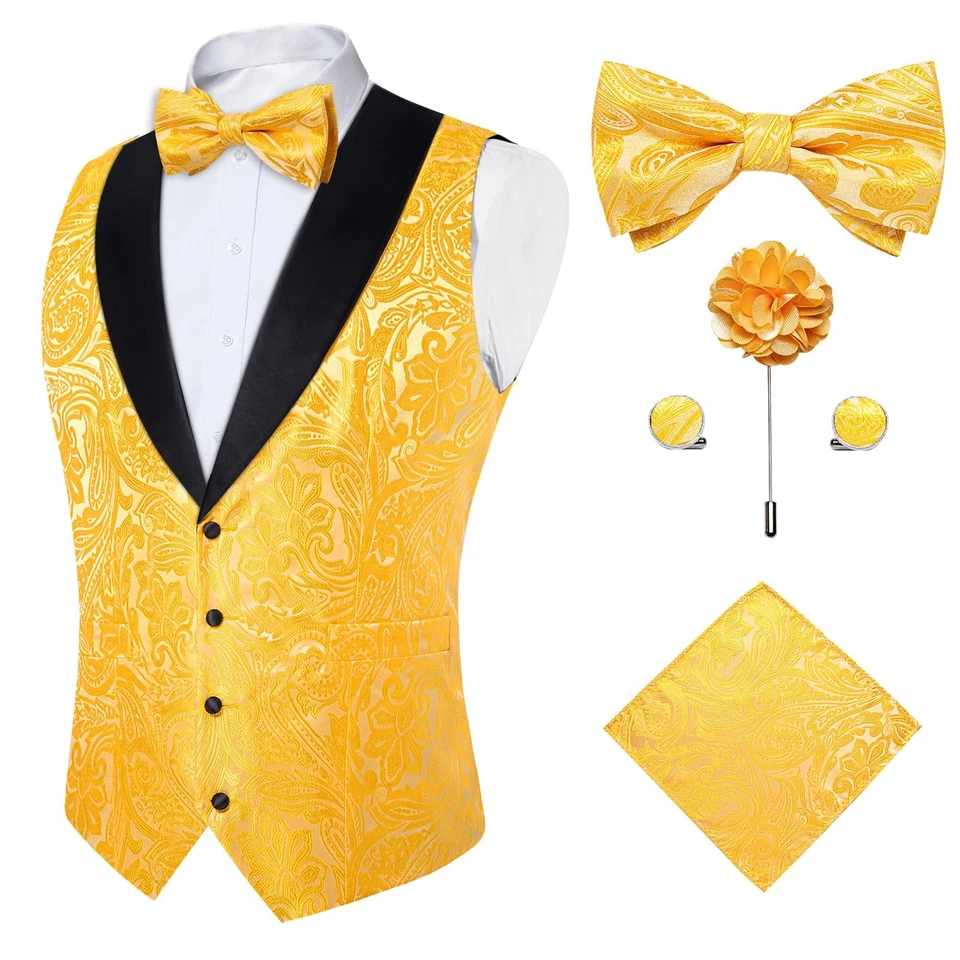 Conjunto de pajarita chaleco amarillo brillante para hombre chaleco de seda cachemira y pajarita bolsillo S... Foto 1 de 4