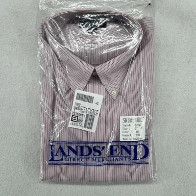 LANDS END Shirt Mens 17 33 Dress Oxford Striped No Iron Button Up Red HK VTG - Image 1 of 4