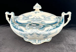 Antike Burslem Royal Staffordshire "Iris" blau-weiße Suppenterrine - perfekt! - Bild 1 von 9