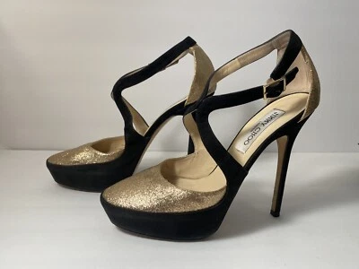 Jimmy Choo Glitter Suede Pumps High Heels Black Gold 37.5/ 7 - Image 1 of 4